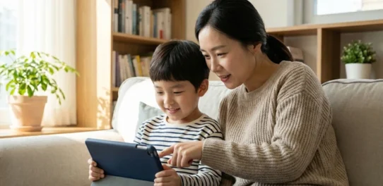 자녀에게 인터넷 사용을 알려주고 있는 엄마