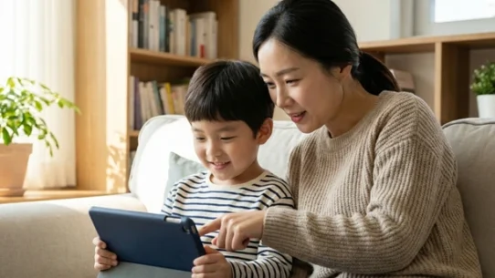 자녀에게 인터넷 사용을 알려주고 있는 엄마