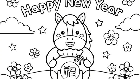 2026년 말띠 새해 맞이 색칠하기 활동지, Happy New Year 문구와 복주머니를 든 귀여운 말 캐릭터, 꽃과 별 장식이 있는 유아용 프린트 학습지