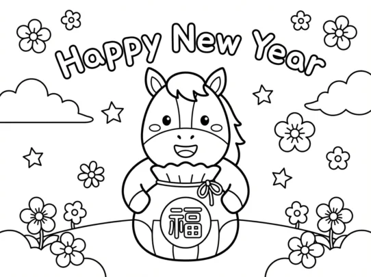 2026년 말띠 새해 맞이 색칠하기 활동지, Happy New Year 문구와 복주머니를 든 귀여운 말 캐릭터, 꽃과 별 장식이 있는 유아용 프린트 학습지