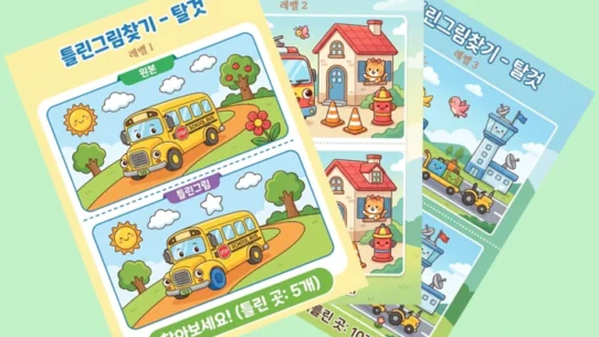 레벨1~레벨3 탈것 틀린그림찾기 3장 썸네일, 원본과 틀린그림을 비교하는 유아 놀이자료