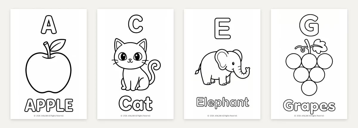 알파벳 A~G 색칠 공부 활동지 미리보기 – Apple, Cat, Elephant, Grapes 색칠 도안
