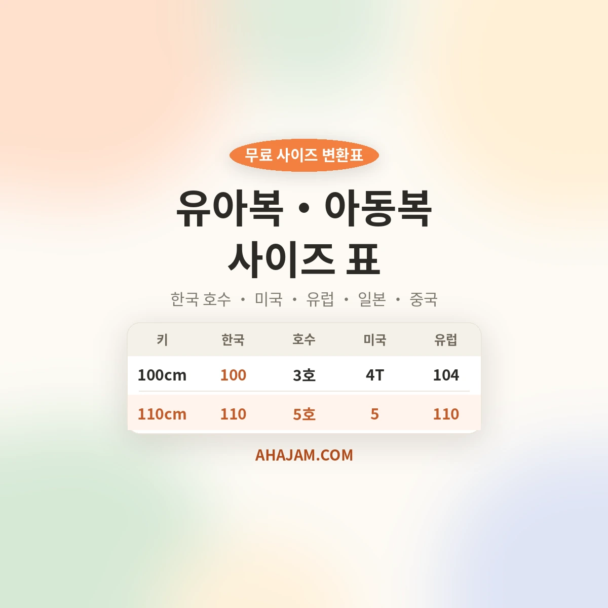 0~10세 유아복 아동복 사이즈 표 호수 해외 직구 변환 - AHAJAM